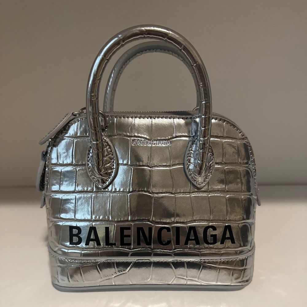 Balenciaga Metallic Calfskin Logo Crocodile Embossed Mini Ville